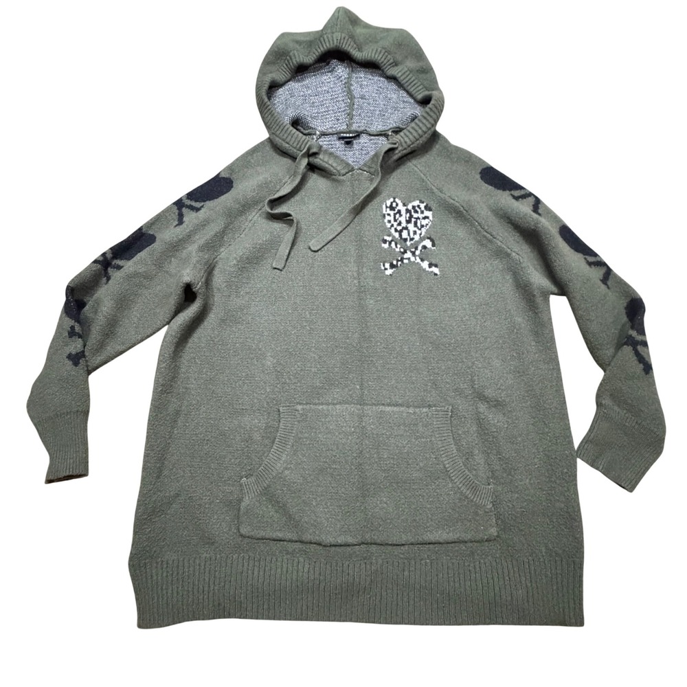 Torid Womens Olive Green Heart Crossbones Leopard Print Knit Hoodie Sweater 1